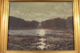 Arthur Nielson : Sunset across marsh land, oil on canvas, 36 cm x 49 cm, signed, framed. Good