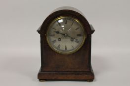 A burr walnut mantle clock by Robert Sawers, Edinburgh, height 22.5 cm. Good condition, with