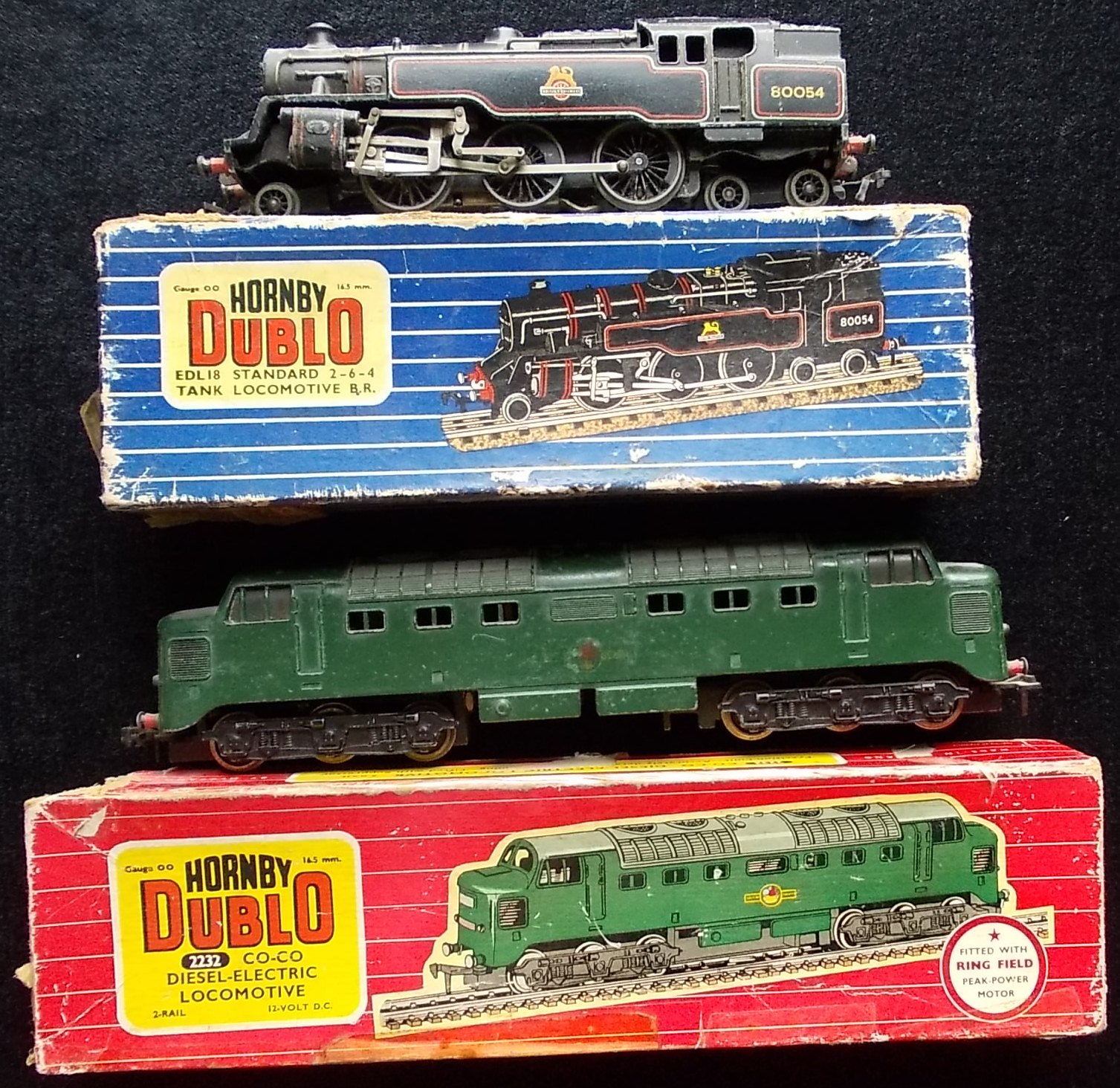 (3) Hornby Dublo. 0-6-4T loco. 80054, black, B.R.; Deltic diesel CO-CO loco. Green, B.R. Both in