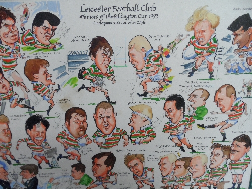 RUGBY UNION, large colour caricature print, Leicester - Winners of the Pilkington Cup 1993, many