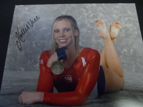 GYMNASTICS, signed colour 8 x 10s by Olympians, Dominique Moceanu, Hollie Vise & Carly Patterson,