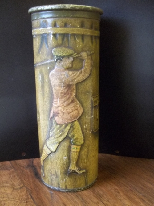 GOLF, an 8.5" cylindrical metal tin, panels showing two embossed golfers, by Robertson Bros. of