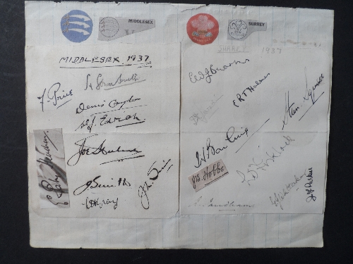 CRICKET, signed album pages (3.75 x 4.5) by Middlesex & Surrey 1937, eight & ten signatures