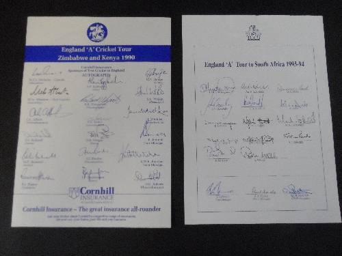 CRICKET, signed team sheets etc., England A & U19 Tours, 1990s, to Zimbabwe, South Africa, N.Z.,