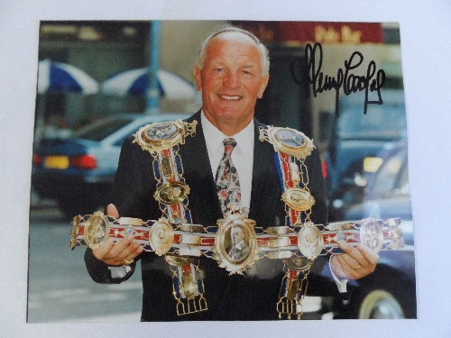 AUTOGRAPHS, signed colour 8 x 10`s, Lester Piggott, in pink silks on horseback, Henry Cooper, half-