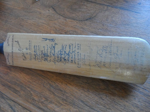 CRICKET, signed half-size cricket bat by England (12 signatures) & South Africa (15 signatures),