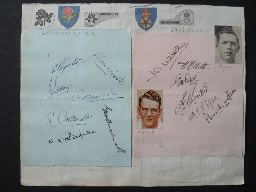 CRICKET, signed album pages (3.75 x 4.5) by Lancashire & Derbyshire 1937, seven & six signatures