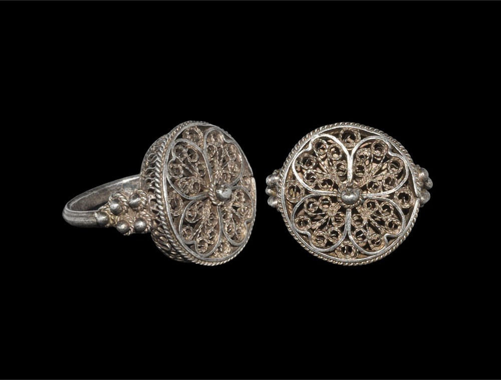 Post Medieval Georgian Silver Pomander Ring 18th century AD . A finely made filigree finger ring