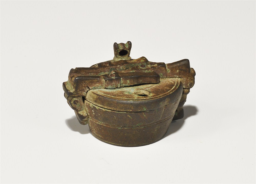 Post Medieval Bronze Hinged Weight Case 17th century AD . A locked case, discoid in plan with