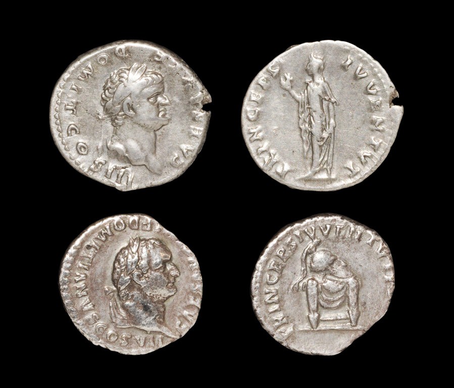 Roman Domitian - Denarii [2] 81-96 AD. Reverse types: Spes standing left; Corinthian helmet on