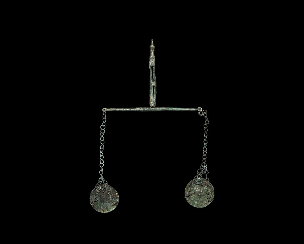 Medieval Bronze Balance Scales 13th-15th century AD . A bronze balance comprising two discoid pans