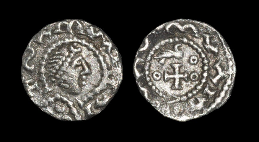 Anglo Saxon Primary Series BI - Bird on Cross Sceatta 680-710 AD. Obv: profile diademed bust with