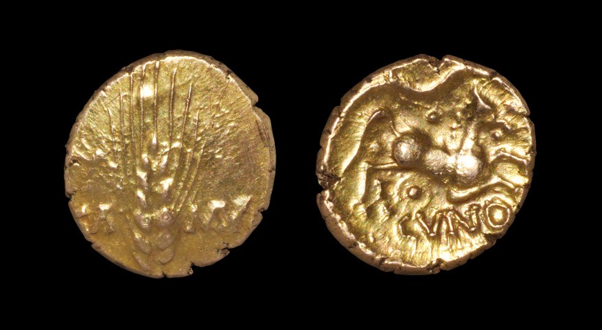 Celtic Cunobelin - Gold Linear Stater Early 1st century AD. Obv: corn ear dividing CA - MV with X