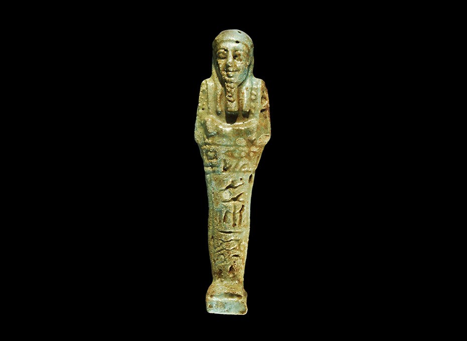Egyptian Glazed Composition Hieroglyphic Shabti Late Period, 664-332 BC . An olive and blue shabti