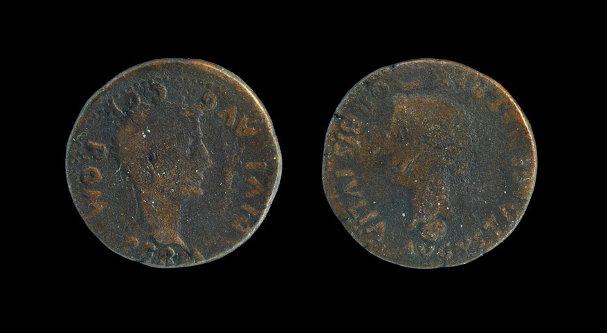 Roman Augustus and Livia - Spain - Portrait AE32 Struck under Tiberius, 14-37 AD, Colonia Romula,