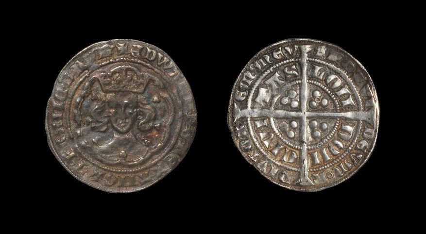 English Medieval Edward III - London - Pre Treaty Groat 1356-1361, series G. Obv: facing bust in