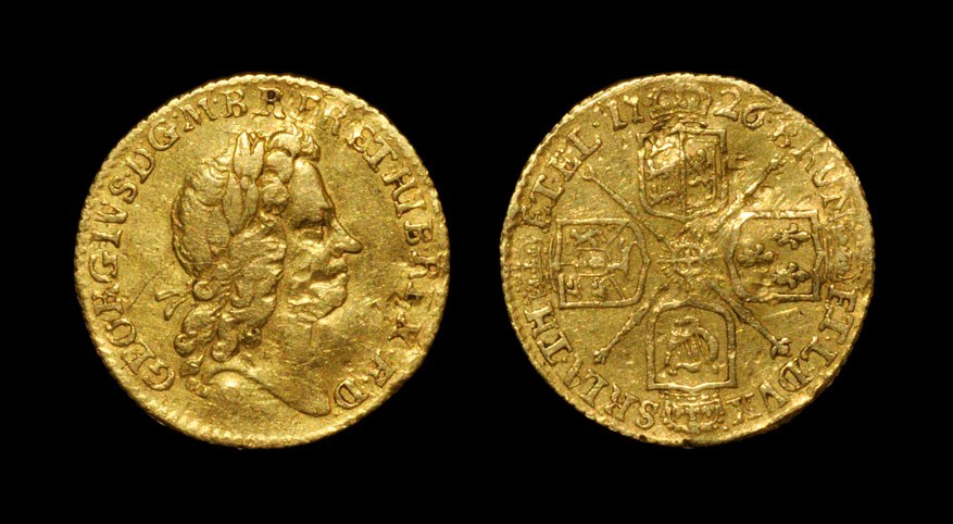 English Milled George I - 1726 - Gold Half Guinea Dated 1726 AD. Obv: profile bust with GEORGIVS D