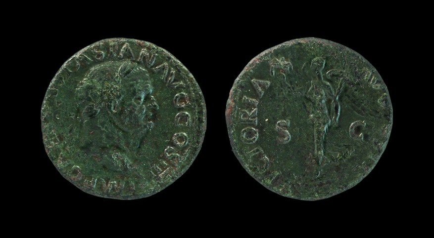 Roman Vespasian - Victoria Augusti As 71 AD, Lyons mint. Obv: IMP CAES VESPASIAN AVG COS III legend