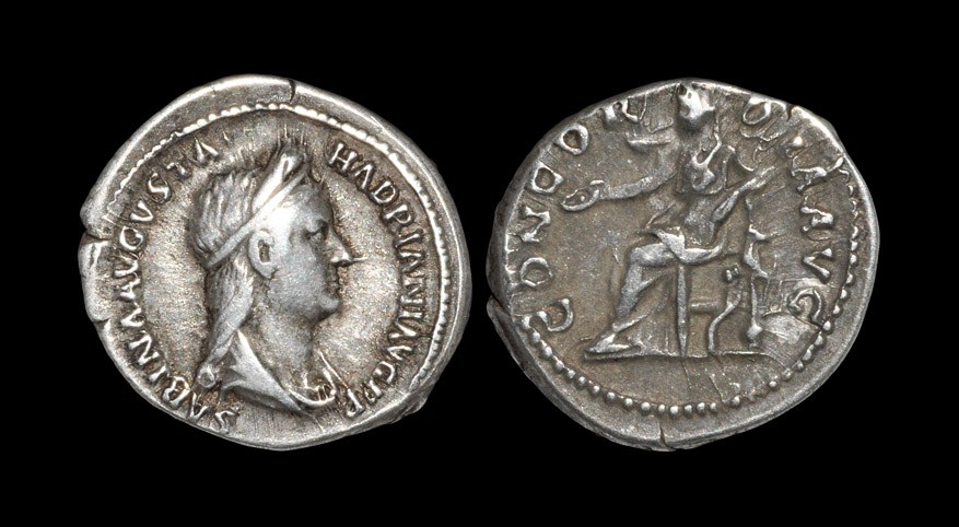 Roman Sabina - Concordia Denarius 129 AD. Obv: SABINA AVGVSTA HADRIANI AVG P P legend with draped