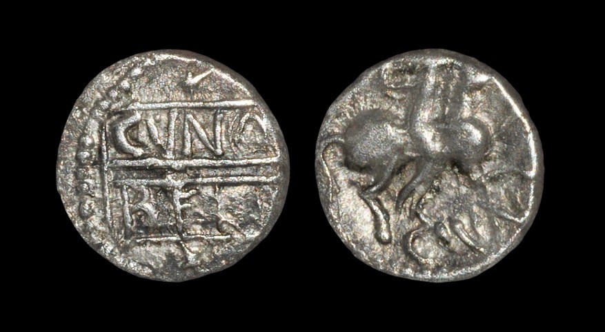 Celtic Cunobelin - CVNO BELI Silver Unit Circa 50 BC. Obv: double panel with CVNO BELI legend. Rev: