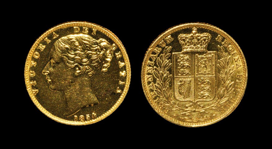 English Milled Victoria - 1854 - Gold Shield Back Sovereign Dated 1854, London mint. Obv: profile