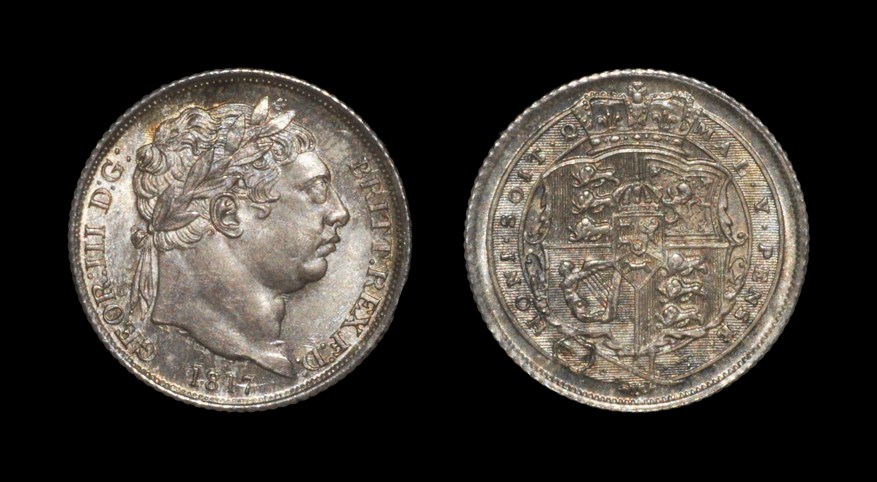 English Milled George III - 1817 - Sixpence Dated 1817 AD, Obv: profile bust with date below and