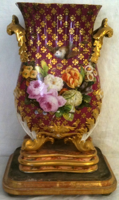 Large Regency porcelain vase on stand decorated with birds and flowers C1820 a/f