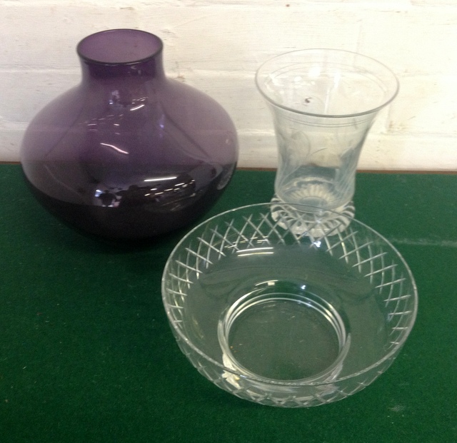 Cut glass fruit bowl and vase with an amethyst coloured glass vase