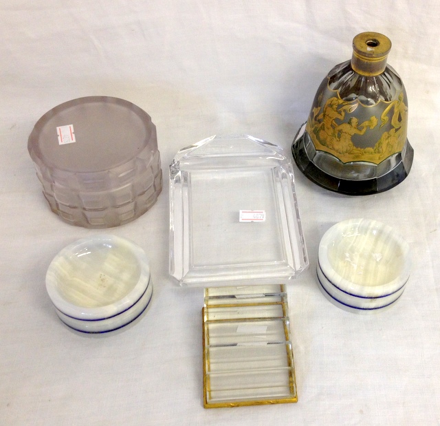 Mixed lot to include glass, ormolu mounted pen holder, scent bottle and set of marble coasters