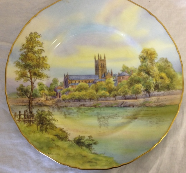 Royal Worcester hand painted plate "Worcester Cathedral" signed A. Wallcroft