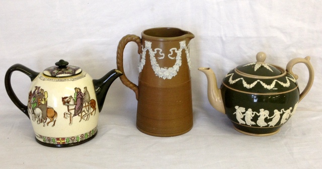 A Royal Doulton "Canterbury Pilgrims" teapot, Copeland tea pot and a jug