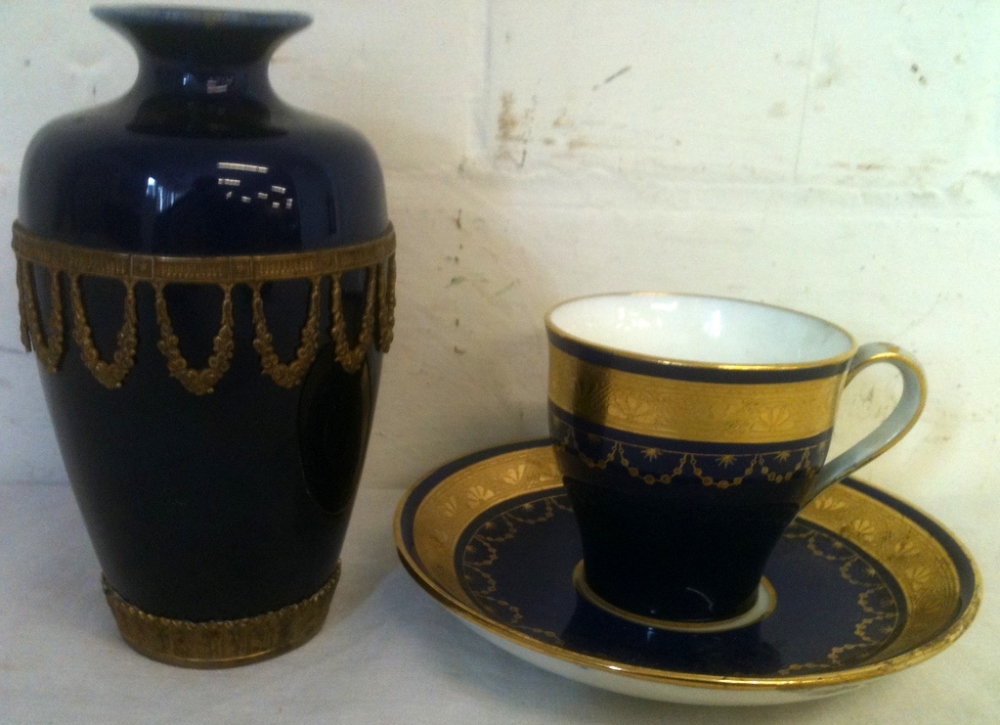 Minton coffee cup and saucer and ormolu mounted vase (unmarked)