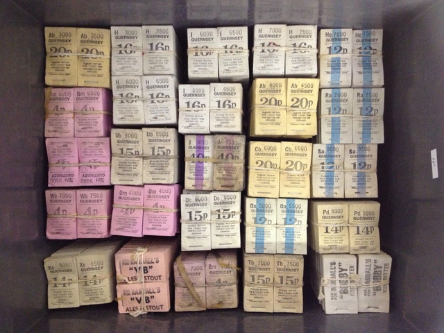 Huge quantity of Guernsey bus ticket advertising Randall`s Beer