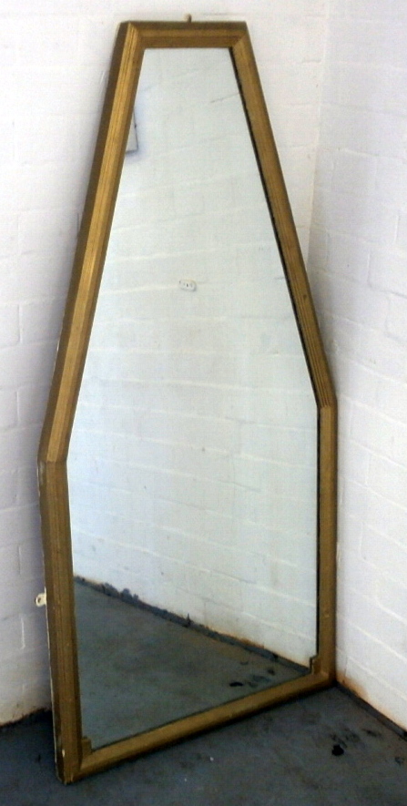 Gilt framed coffin shaped mirror 133x64cm