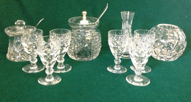 Collection of cut glass, sherry glasses, jam pots etc