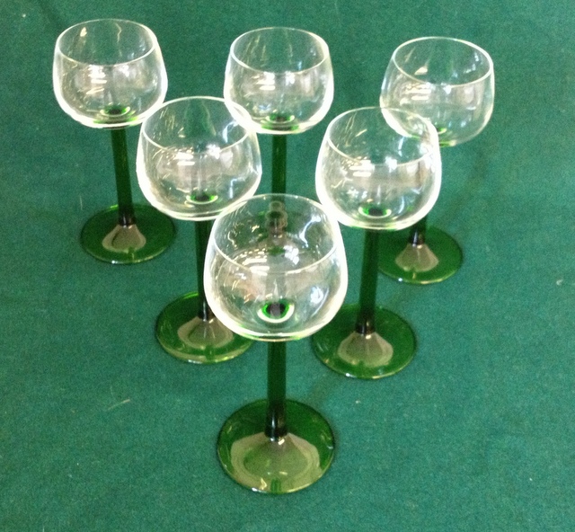 Six German green stem hock glasses