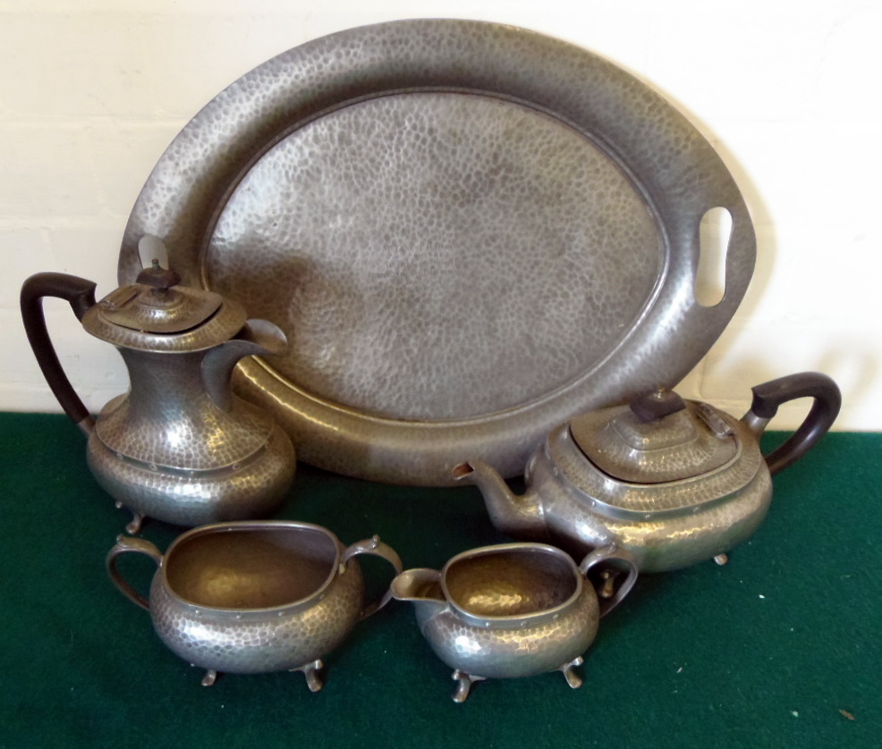 English pewter five piece tea set including tray.