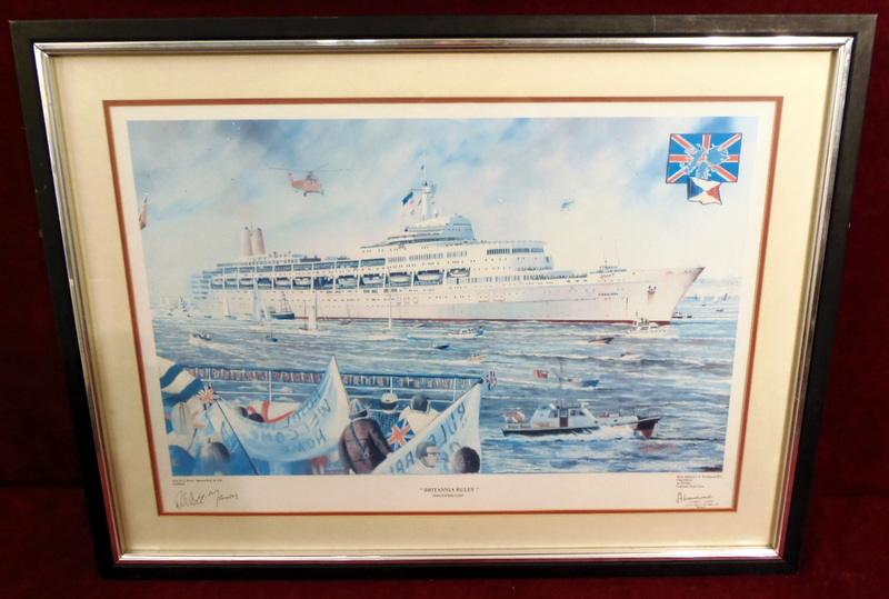 A framed print of the Canberra signed by Captain Scott-Masson and Rear Admiral Woodward.