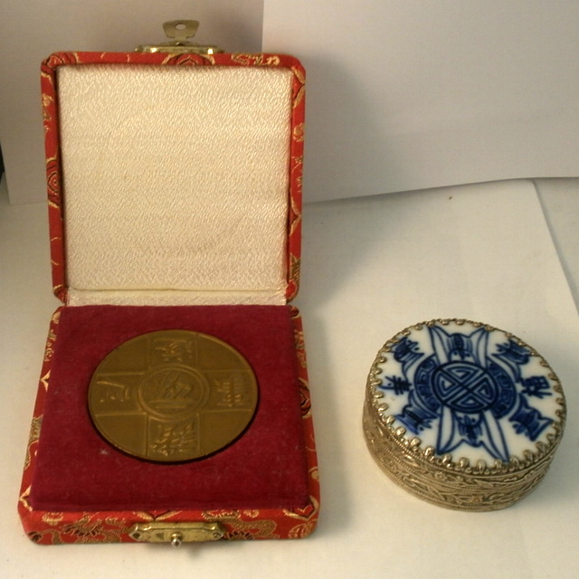 Chinese white metal box with porcelain insert and a Chinese bronze coin.
