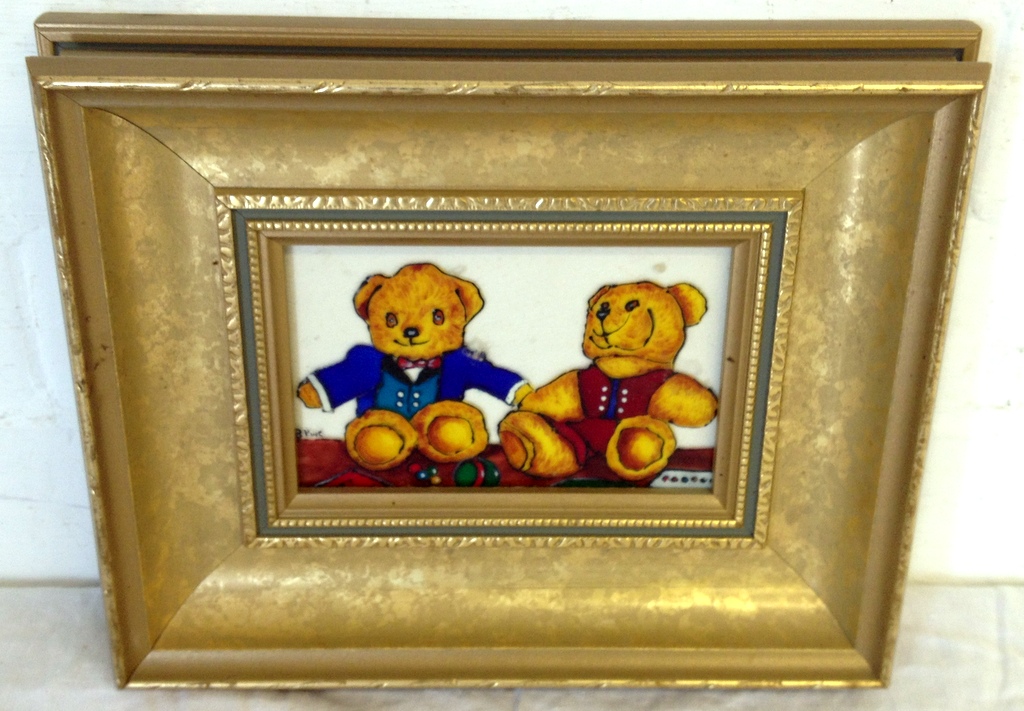 B. King, enamel on glass of two teddy bears.