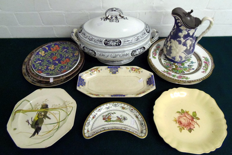 A mixed lot of china to include a tureen and a harvest jug