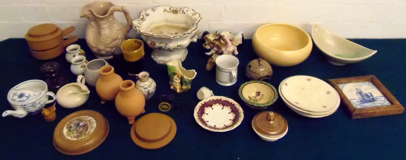 Mixed china including Delft tile and bisque figure