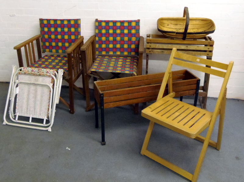 Four folding chairs, two garden planters and basket