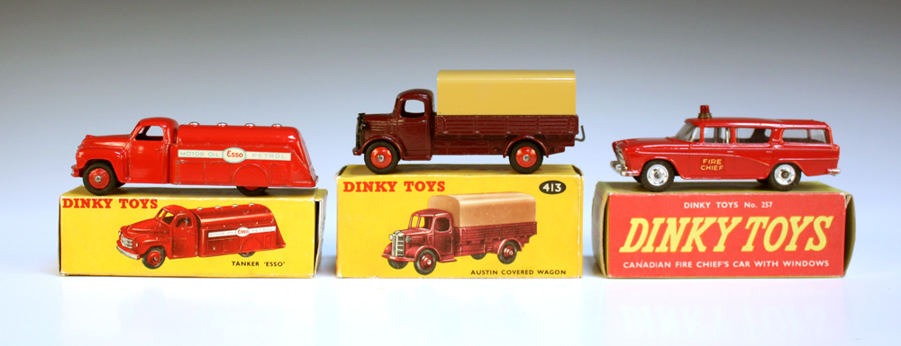 A Dinky Toys No. 257 Canadian fire chief`s car, a No. 413 Austin covered wagon and a No. 442