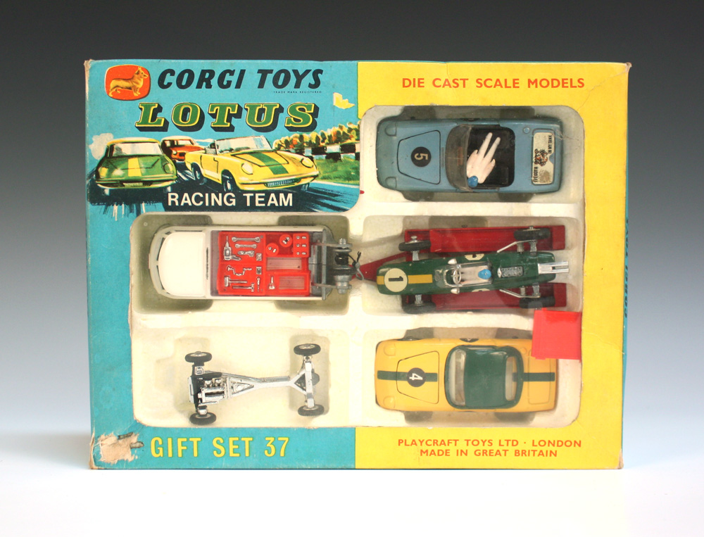 A Corgi Toys No. 37 Gift Set Lotus Racing Team, within a window box (toolbox lid detached, box