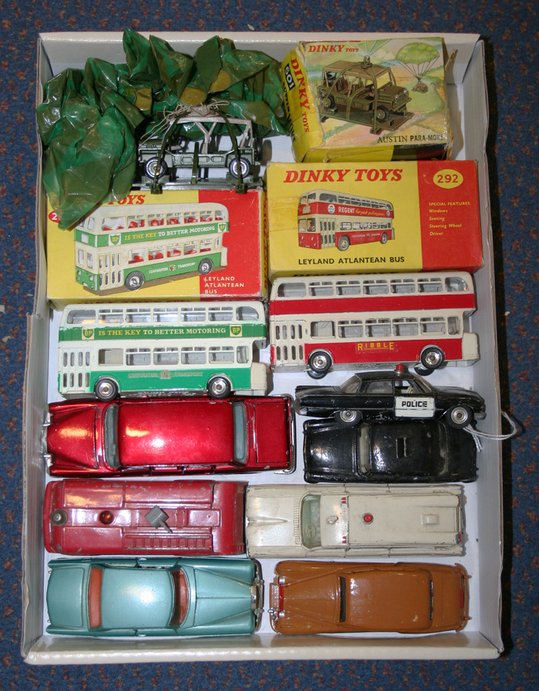 A small collection of Dinky Toys vehicles, comprising a No. 292 Leyland Atlantean bus `Ribble`, a