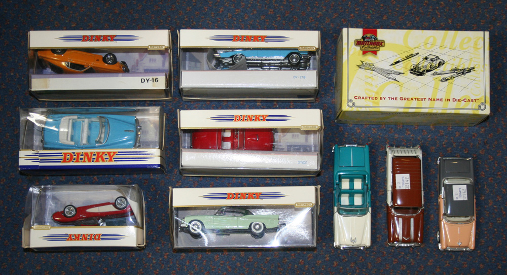 A collection of Matchbox Collectibles American cars, including a 1955 Chevrolet Bel Air, a Harvester