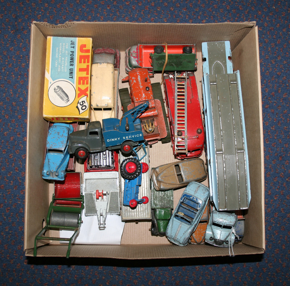 A collection of Dinky Toys, Supertoys and other die-cast vehicles, including a No. 503 Foden flat