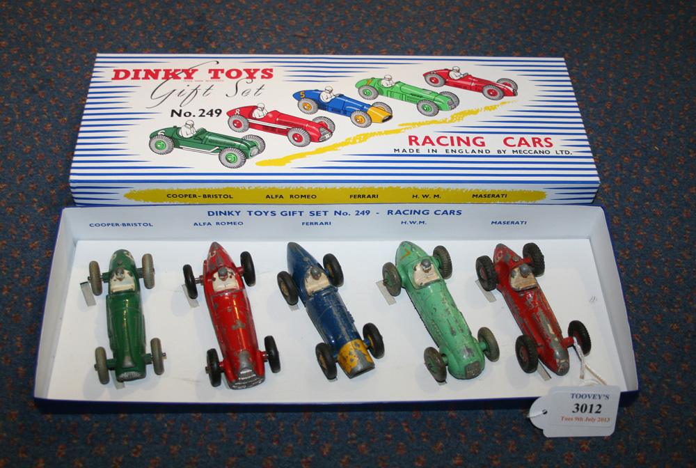 Five Dinky Toys racing cars, comprising a No. 23g Cooper Bristol, a No. 23F Alfa-Romeo, a No. 23H