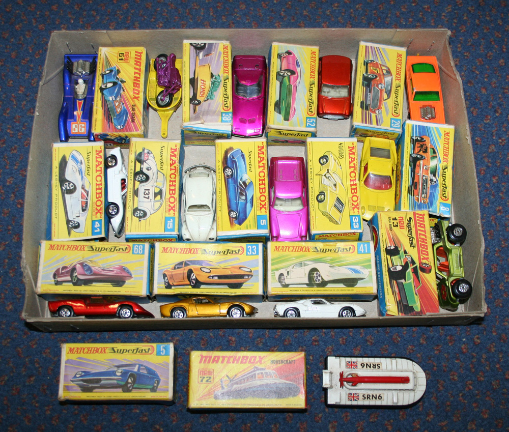 A small collection of Matchbox Series Superfast vehicles, including two No. 41 Ford GTs, a No. 29